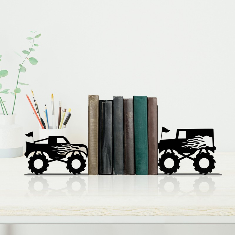 Kids Bookends for Books, Monster Truck Decor for Boys Room,