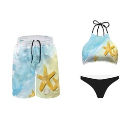 KEIAHUAN Beach Starfish Pattern Couples Matching Swimsuit Mens Trunk Beach Shorts Swimwear Hawaiian Style Quick Dry Bathing Suits-M