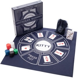 Brybelly Michigan Rummy: A Royal Game of Hearts, Poker & Rummy – Betting & Bluffing Board Game – Classic Family Card Game for Adults & Kids – 200 Poker Chips, 24" x 24" Mat & Custom Card Deck