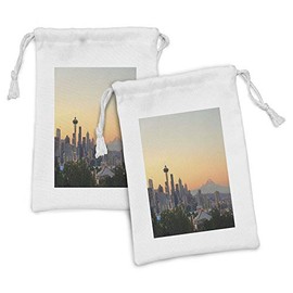 Ambesonne Seattle Skyline Fabric Pouch Set of 2, Sunset and Mountain Rainier Viewed from Kerry Park Prominent State, Small Drawstring Bag for Toiletries Masks and Favors, 9" x 6", Multicolor