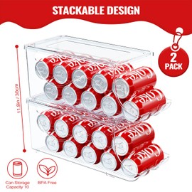 SCAVATA 2 Pack Stackable Refrigerator Organizer, Soda Can Dispenser Pop Cans Container Beverage Holder with Lid for Fridge, Freezer, Kitchen, Clear Plastic Storage Bins-Holds 10 Cans Each (Clear)