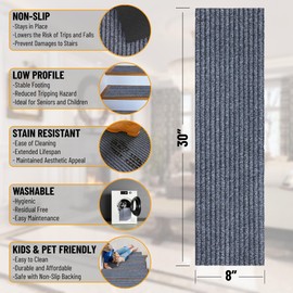 Ottomanson Non-Slip Rubberback Solid Design 8" x 30" Indoor/Outdoor Stair Treads, 14 Pack, Gray