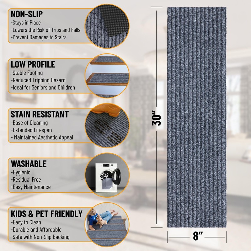 Ottomanson Non-Slip Rubberback Solid Design 8" x 30" Indoor/Outdoor Stair