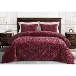 Chezmoi Collection Lux Burgundy Velvet Quilt Queen Set, 3-Piece Lush Plush Distressed Velvet Bedding All Season Lightweight Comforter Brushed Microfiber Reverse with Diamond Stitch Quilting