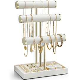 Vlando 3 Tier Bracelet Holder 0rganizer with Tray - Leather Jewelry Stand Organizer for Women - Jewelry Holder Display for Necklace, Watches, Rings, Earrings, Bangle, Scrunchie - Cloud White