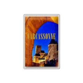 Tin Sign with Retro Carcassonne France Medieval Travel Design 20 x 30 cm