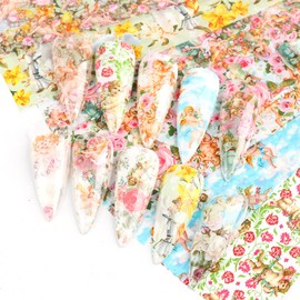 Holographic Nail Foil Transfer Stickers Decals, Angel Nail Polish Sheets Sky Starry Paper Transfer Foils Flowers Nails Supplies for Nail Transfer Glue Women Manicure Nail Film Decorations