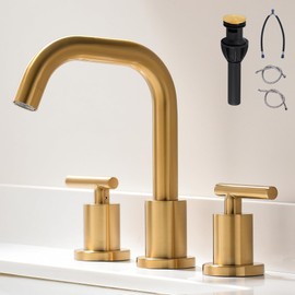 FROPO Brushed Gold Bathroom Faucet for Sink 3 Hole, 8 inch Widespread Bathroom Faucet | Brass Gold Vanity Faucet with 360° Swivel Spout 2 Handle Gold Bathroom Faucet with Drain & Supply Hoses