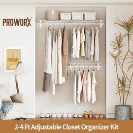 PROWORX 2-4 Ft. Expandable Closet Organizer System Kit, White Custom Metal Wire Shelving, Organization and Storage Shelves Wall Mounted with Hanging Rods