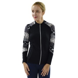 Private Island Women UPF50+ Front Zipper Up Long Sleeve Swimsuits Top with Both Side Pockets Swim Rash Guard (L, BWA-JRSRGT)