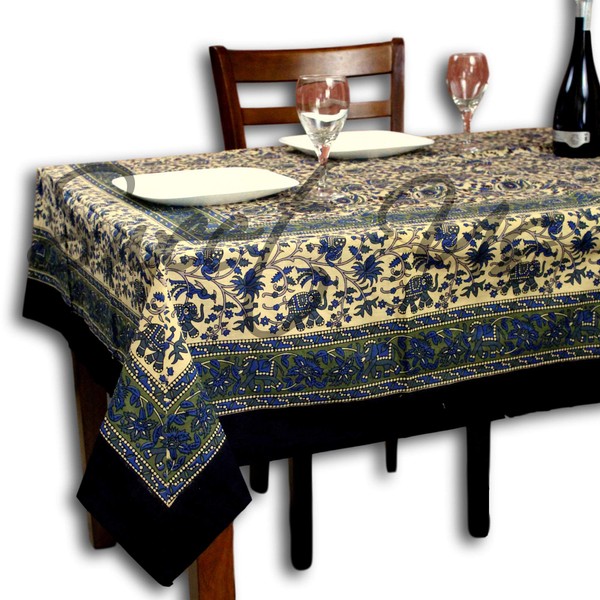 Cotton Elephant Print Floral Tablecloth Rectangle 70x104 Beach Sheet Beige Olive Green Black Blue