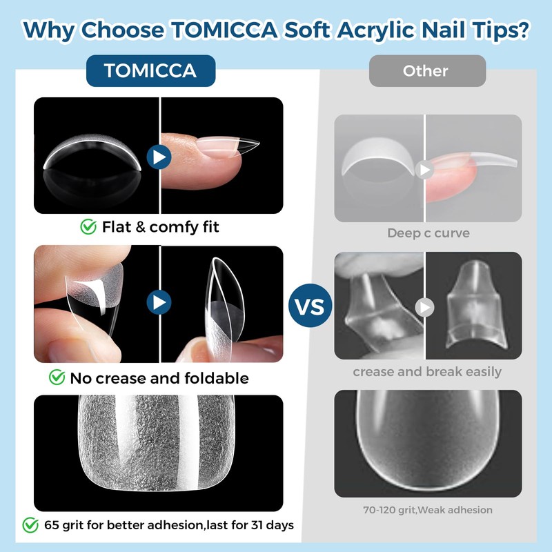 Extra Short Almond Nail Tips, 504pcs 12 Sizes, Soft Acrylic