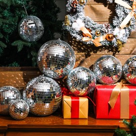 Haull 8 Pcs Large Disco Ball Set Silver Mirror Disco Balls Reflective Ball with Hanging Ring Party Ornament Decoration for Stage Club Ballroom Dance Hall Wedding Prom Props(8'', 6'')