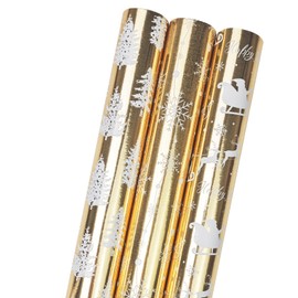 LDGOOAEL Mini Short Christmas Wrapping Paper Roll with Cut Lines on Reverse (17" X 120" Per Roll) - Holiday Sled/Snowflakes with Metallic Gold Shine