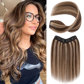 S-noilite One Piece Clip in Hair Extensions Human Hair Balayager One Piece/5 Clips 3/4 Full Head V Weft Thicker Hair Lace Net One Piece HumanHair Extensions Clip in (14"-50g,#Medium Brown/Dark Blonde)