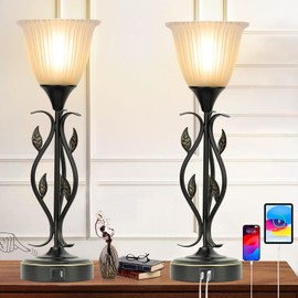 Bedside Table Lamps Set of 2, Torchiere Nightstand Lamps with Dual USB Charging Ports, 3 Way Touch Bedside Lamp with Rustic Vines Leaf and Glass Flower Shade for Living Room Bedroom, LED Bulb Included