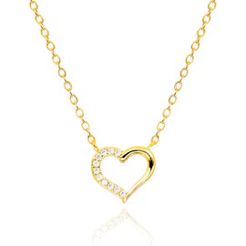 MUSEQVE Dainty Open Heart Necklace for Women • 14K Gold Plated Floating Heart Pendant Non Tarnish Necklace • Tiny Small Cubic Zirconia Heart Charm Jewelry Gifts [HN-2H-G]