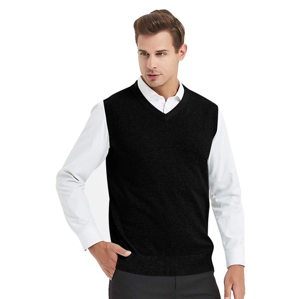 TOPTIE Men Business Solid Color Plain Sweater Vest, Cotton Fit Casual Pullover-Black-XL
