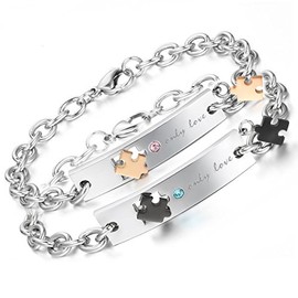 Aroncent 2pcs Bracelet Men's Women's Stainless Steel Link Bracelet Heart Engraved Love Friendship Bracelet Partner Bracelet Bangle Customisable, Stainless Steel