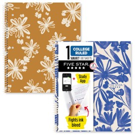 Five Star Spiral Notebook + Study App, 2 Pack, 1 Subject, College Ruled, 8-1/2" x 11", 80 Sheets, Fights Ink Bleed, Water Resistant Cover, Soft Petals (820331F-ECM)