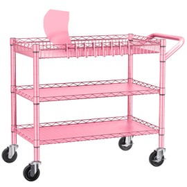 NTE Utility Cart with Wheels, 990lbs Capacity Metal 3 Tier Rolling Carts, NSF Kitchen Carts On Wheels with Storage, Heavy Duty Utility Cart with Handle & Wire Shelf for Indoor & Outdoor Use, Pink
