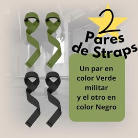 Pack 2 pares de Straps para gym, uno color negro y otro color verde militar. Correas Acolchadas para Levantamiento de Pesas. Strap para soporte y protección de dedos y muñeca para hombre y mujer