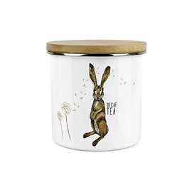 Purely Home Hares and Dandelions Decaf Tea Storage Canister by Rhiannon Chauncey - White Metal Enamel Kitchen Food Storage Container