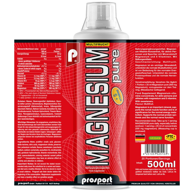 Prosport Magnesium Pure, Magnesiumcitrat, 0,5 Liter Flasche, mit Vitaminen, Geschmack: