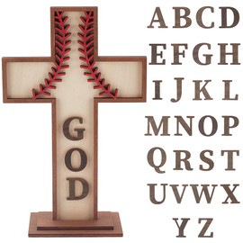 PH PandaHall Wooden Baseball Cross Ornaments for Craft, Table Top Cross Stand with 26 Letters Baseball Gift Christening Centerpiece for Christmas Easter Party Decoration, 26.5 x 16.5 cm