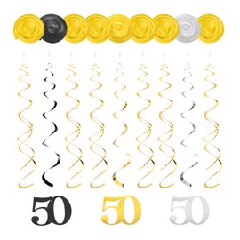 sourcing map 12pcs Mixed Color Hanging Swirls Decorations, 28" Sparkle Plastic Party Streamers Ceiling Decoration Swirls for 50th Birthday Party, (Gold, Silver, Black)