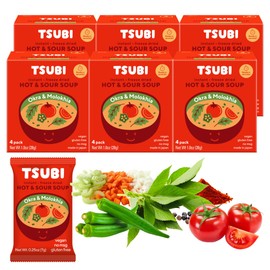 Tsubi Soup Freeze-Dried Tomato Soup Packets - Instant, Vegan, Easy Mix, Gluten & MSG-Free, and Flavorful - Ready in Seconds - Hot & Sour (Okra & Molokhia) Spicy - 24 Packs