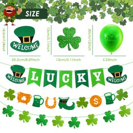 AhfuLife St Patrick's Day Banner Bunting Decorations, 3pcs Preassembled Shamrock Bunting Garland for St. Patricks Party, 8pcs Shamrock Clover Ceiling Hanging Swirls, 8pcs St Patrick's Day Balloons