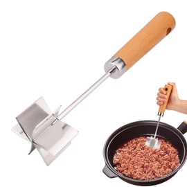 Stainless Steel Meat Chopper with Wooden Handle, 6-Blade Metal Ground Beef Masher Tool Heat Resistant Hamburger Smasher Multi-Use Kitchen Utensil for Vegetables Fruits Potatoes and More