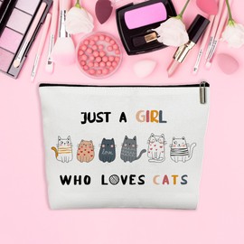 Christmas Gifts Makeup Bag, Just A Girls Who Loves Cats, Cute Cat Themed Gifts for Girls, Small Cat Lover Travel Cosmetic Bag Zipper Pouch, Funny Cat Mom Stuff Birthday
