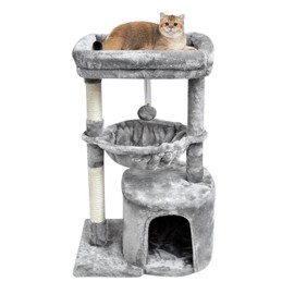 SYANDLVY Small Cat Tree for Indoor Cats, Activity Cat Tower with Scratching Post for Kittens, Modern Cat Furniture with Basket & Hanging Ball for Play Rest, Grey