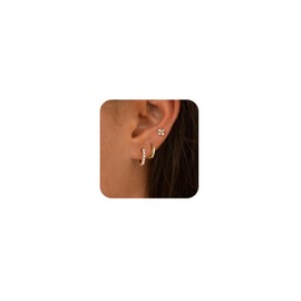 Cuzmly Gold Earrings for Women Trendy, Dainty Small Hoop Huggie Earrings Set Multiple Piercing Cute CZ Flower Stud Earring 14K Gold Lightweight Hypoallergenic Cartilage Earrings Gold Jewelry for Women