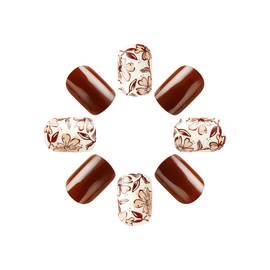 RUOKEXIN Fall Press on Nails Short Square Fake Nails Brown False Nails with Silver Glitter Designs Thanksgiving Artificial Nails Glossy Glue on Nails Cute Holiday Stick on Nails for Women 24Pcs