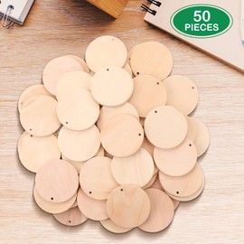 50 Pcs 2 Inch Wooden Circle Cutouts Blank Round Wood with Holes Round Wooden Ornaments Wooden Coins Unfinished Wood Round Disc Wooden Circle Chips Small Wooden Pieces for Crafts and Art Projects