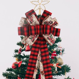 LaRibbons Large Christmas Tree Topper Bow,13 x 43 Inch Truck Red Black Buffalo Plaid Tree Ribbon Topper Bow for Xmas Ornament, Indoor Outdoor Decoration
