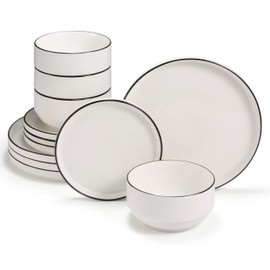 Vase and Vessel Ceramic Dinnerware Set, 12-Piece Service for 4, Round, Microwave and Dishwasher Safe, Cambridge Classics (French)