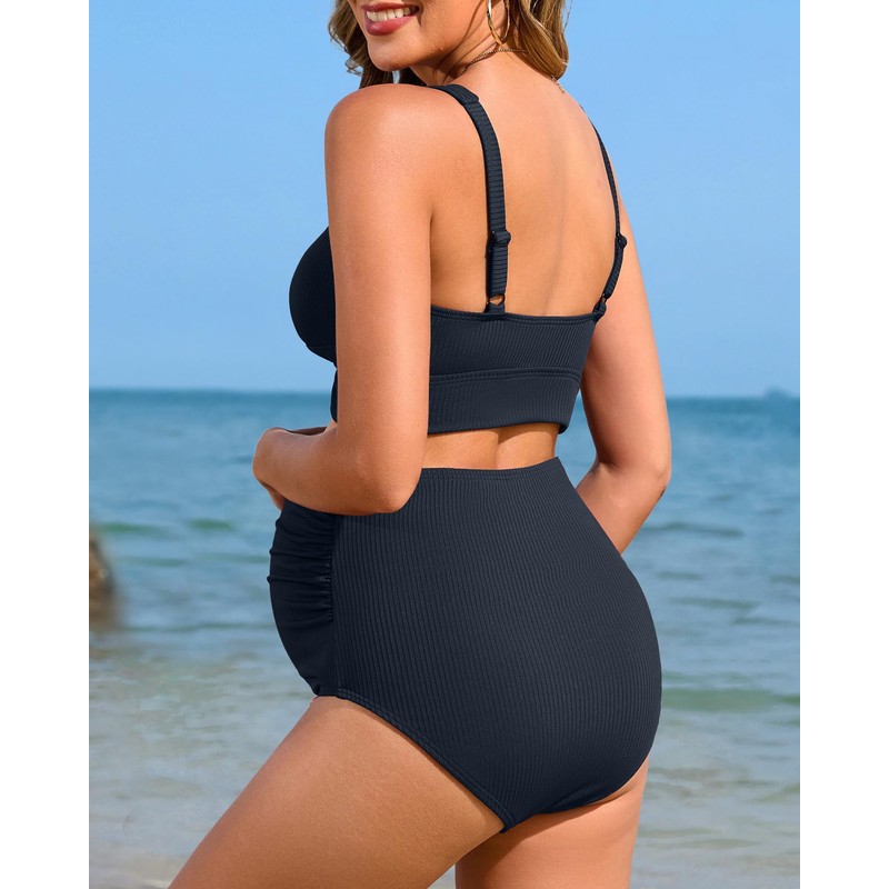 Charmo Women Maternity 2 Piece Bikini Set Ribbed Cutout Pregnancy