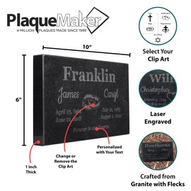 PlaqueMaker Black Granite Memorial Headstone for Two Lost Loved - Great for Your Garden, Tree Dedication, or in a Cemetery. Includes Your Text and Select Clipart (10 x 6 x 1)