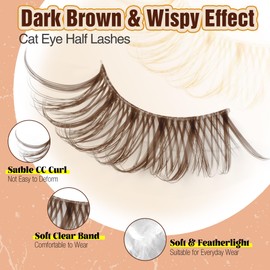 Half Lashes Brown Lash Strips Clear Band Eyelashes Natural Fake Eyelash Wispy False Lash Pack 8 Pair CC Curl Dark Brown Half Eyelashes 3/4 Corner Falsies