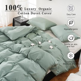 Overket 100% Organic Cotton Duvet Cover King Luxury 400 Thread Count Cotton Duvet Cover Sateen Comforter Cover Luxury Soft and Breathable Cooling Bedding Set 3 Piece（Sage Green;King