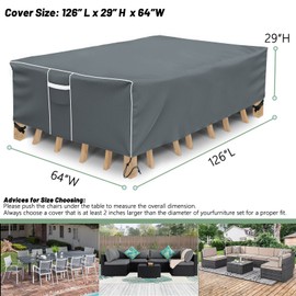 Outdoor Furniture Cover Waterproof, Outdoor Sectional Cover, 500D Heavy Duty, All Weather Protection Rectangular Patio Covers for Outdoor Furniture Set, 126" L x 64" W x 29" H -Grey