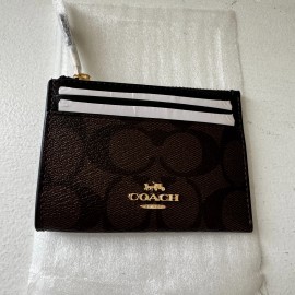 COACH Mini Id Skinny Case In Signature Brown Black Leather With Key Ring