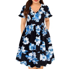 RITERA Plus Size Dress for Women's Blue Flower Print Summer A Line Dress Elastic High Waist V Neck Short Sleeve Flowy Casual Dress 3XL 22W 24W