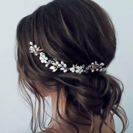 JAKAWIN Flower Bride Wedding Hair Piece Leaf Bridal Hair Vine Accessories Pearl Headpiece for Women (2 Gold, 13.8 IN)