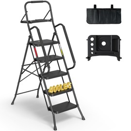 BONTEC 5-Step Ladder, 400lbs Max Load, Folding Step Stool with Tool Tray, Tool Bag, Handrails, Wide Anti-Slip Pedals, Sturdy Steel Ladder for Household & Work Use, Black