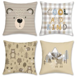 Bonhause Cartoon Animals Cushion Covers 45 x 45 cm Bear Reindeer Forest Khaki Soft Velvet Decorative Throw Pillow Covers for Sofa Bed Home Garden Outdoor Decor Set of 4